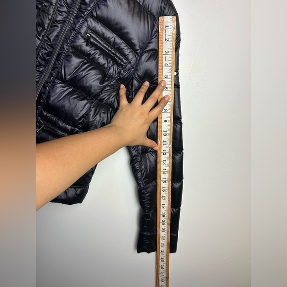 Y2K Bebe Down Puffer Bomber Jacket Women's Sp Black Shiny Purple inside pocket - Picture 11 of 16